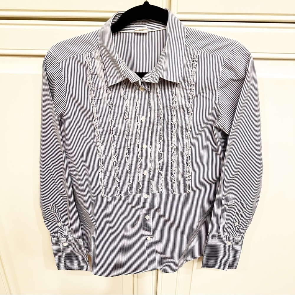 J.Crew‎ Women’s Blue Striped Preppy Tuxedo Ruffle Front Button Down Shirt Blouse